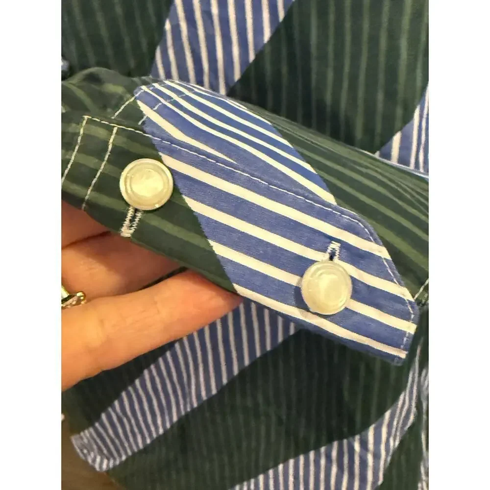TORY BURCH Overprinted Tie-Front Top in Diagonal Stripe size 10 Blue Green